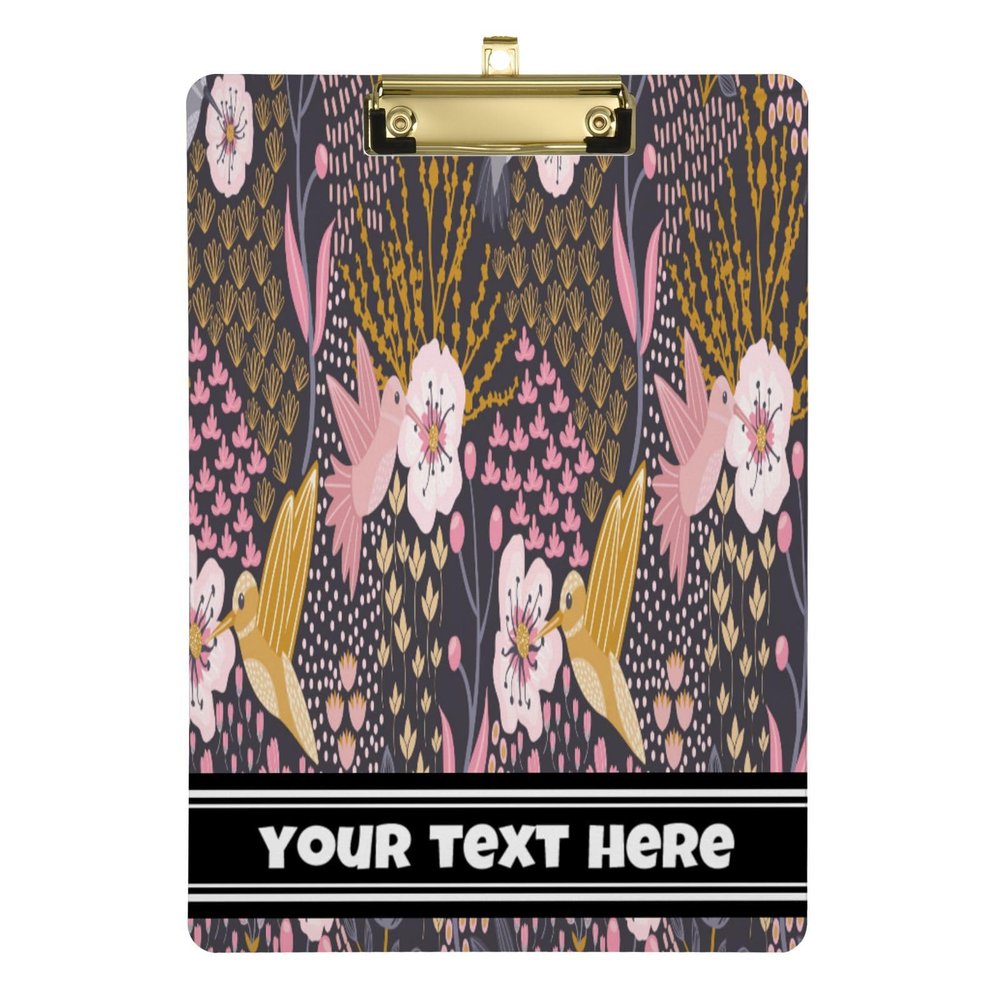 Personalized Acrylic Clipboard, Add Your Text, A4/Letter Size, Low-Profile Clip, 12.0 x 9.0 in, Gold Clip, Hummingbird, Bird, Flower