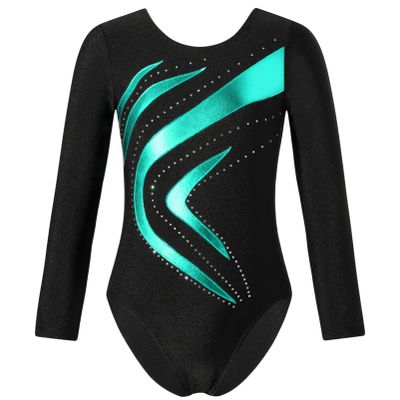 Alvivi Girls' Long-Sleeve Color-Block Gymnastics Leotard, Blue/Green, 134-140