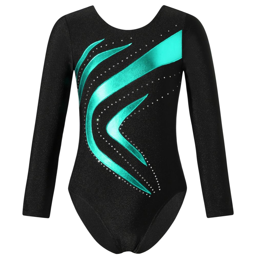 Alvivi Girls' Long-Sleeve Color-Block Gymnastics Leotard, Blue/Green, 134-140