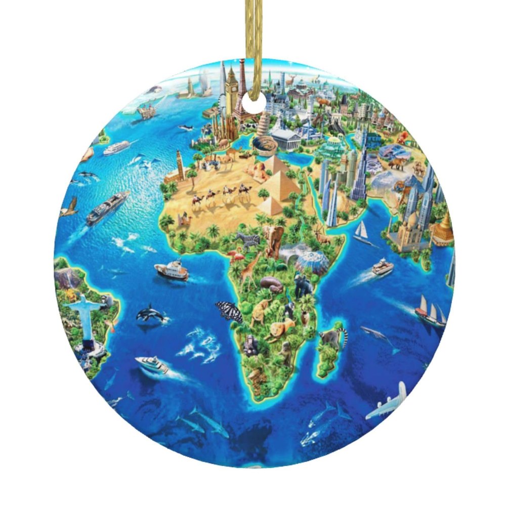 World Landmarks Map Printed Ceramic Christmas Tree Ornament with Gold String