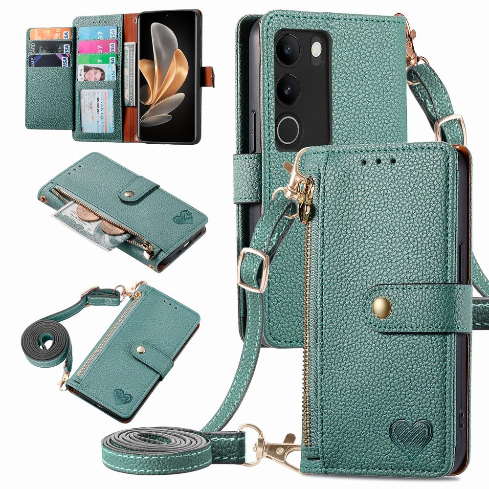 MOJIA Wallet Case for Vivo V29 5G, Soft Premium Leather Flip Cover with Shoulder Strap, Green
