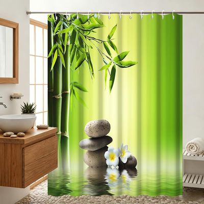Uiiooazy Shower Curtain 240 x 180 cm, Sage Green Bamboo Leaves and Gray Stones, Waterproof Polyester, 12 Hooks