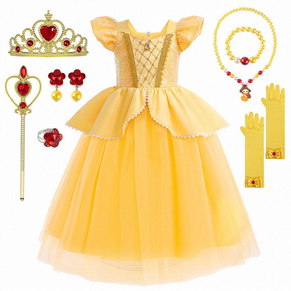 YYDSXK Girls' Princess Belle Costume Dress Set with Crown, Wand and Accessories