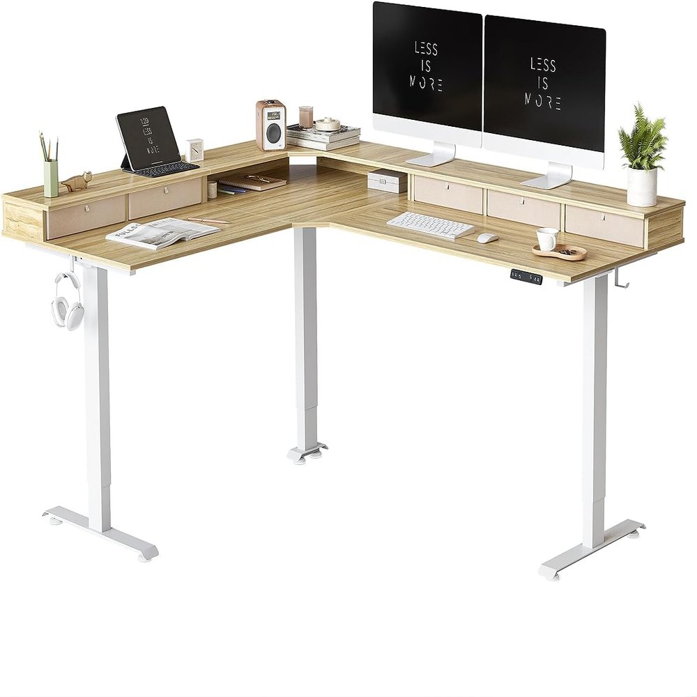 FEZIBO Electric L-Shaped Standing Desk, 3-Motor Height Adjustable, 5 Drawers, 190 x 160 cm