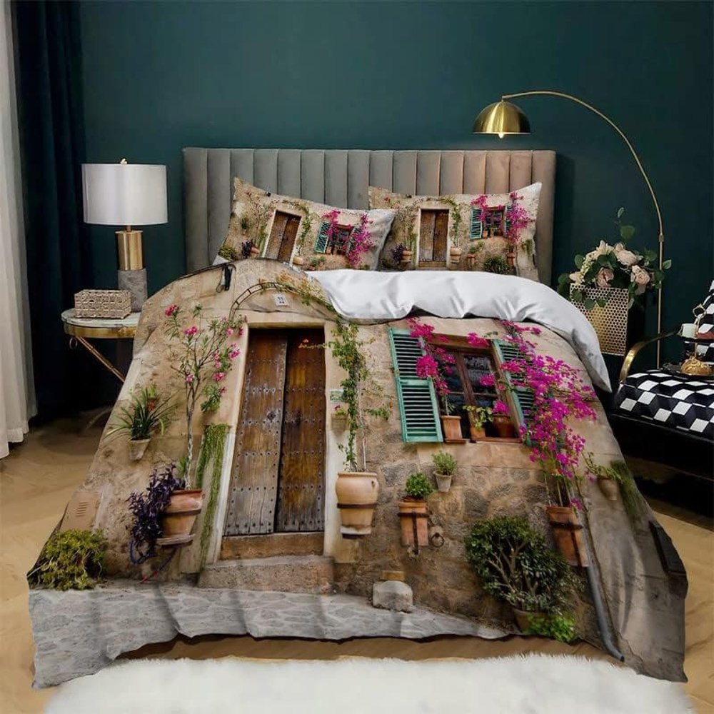 XLYYDS Vintage House 3D Microfiber Duvet Cover Set, 135 x 200 cm, Bonsai Flower, with 2 Pillowcases