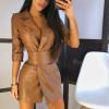 Nidddiv Women's Long-Sleeve Bodycon PU Mini Dress with Belt, Khaki, Size S view 2