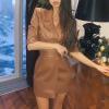 Nidddiv Women's Long-Sleeve Bodycon PU Mini Dress with Belt, Khaki, Size S view 3
