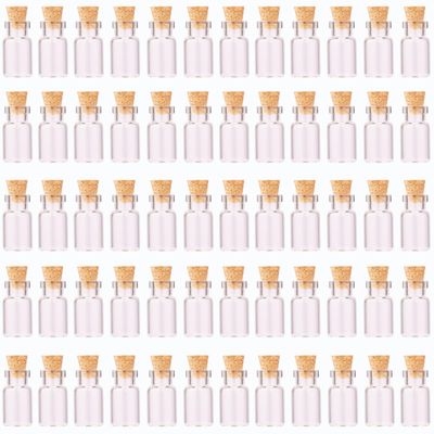 MaxMau 64 Mini Glass Bottles, 1 ml, with Eye Screws, Funnel and Cork Stoppers