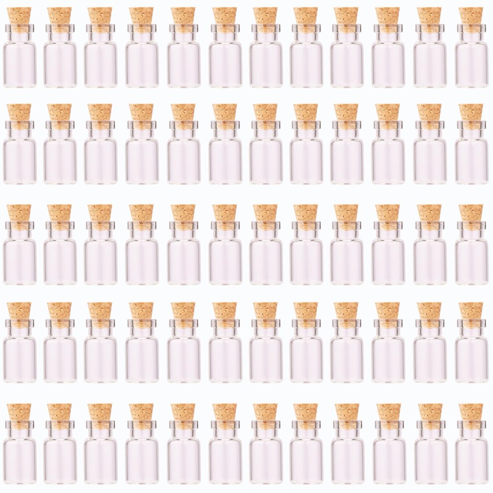MaxMau 64 Mini Glass Bottles, 1 ml, with Eye Screws, Funnel and Cork Stoppers