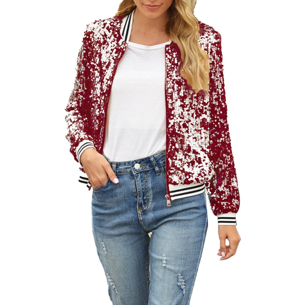 Women's Red Metallic Sequin Bomber Jacket, Cropped, Long-Sleeve, Stand Collar, Zip-Up (XL)
