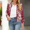 Women's Red Metallic Sequin Bomber Jacket, Cropped, Long-Sleeve, Stand Collar, Zip-Up (XL) view 2