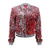 Women's Red Metallic Sequin Bomber Jacket, Cropped, Long-Sleeve, Stand Collar, Zip-Up (XL) view 4