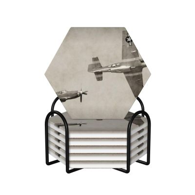 EVANEM Ceramic Coasters Set of 6 with Metal Holder, WWII Airplane Design