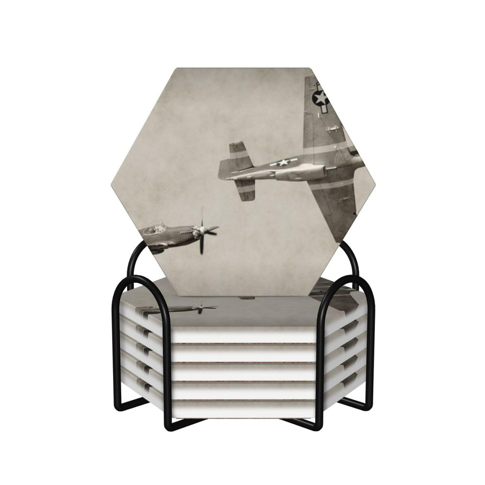 EVANEM Ceramic Coasters Set of 6 with Metal Holder, WWII Airplane Design
