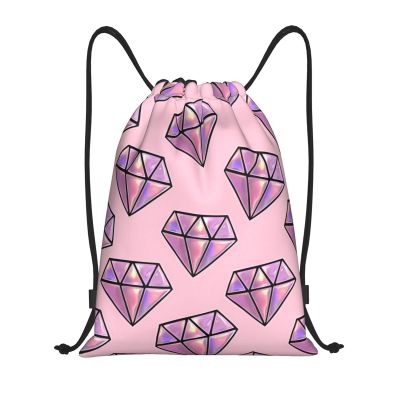 OrcoW Pink Diamond-Pattern Drawstring Backpack, Waterproof Sports Gym Sack, Black, M