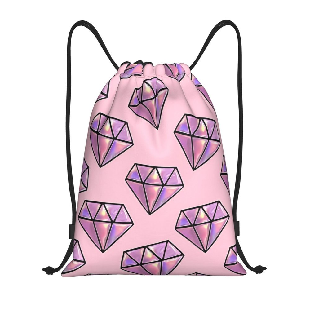 OrcoW Pink Diamond-Pattern Drawstring Backpack, Waterproof Sports Gym Sack, Black, M
