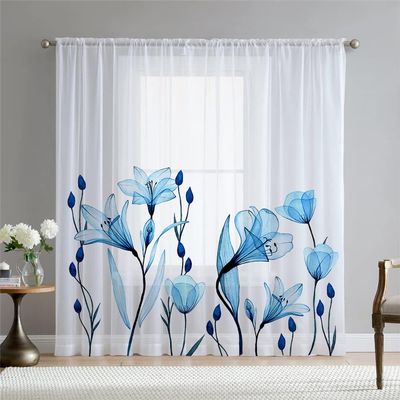 Hiseng Voile Curtains, Semi-Sheer, 2-Piece Set, Blue Flower, 132 x 215 cm