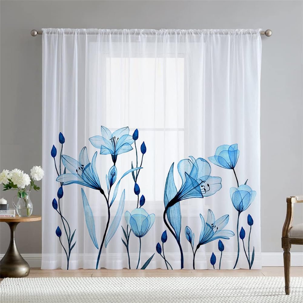 Hiseng Voile Curtains, Semi-Sheer, 2-Piece Set, Blue Flower, 132 x 215 cm
