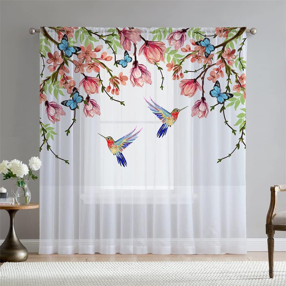 Hiseng Sheer Voile Curtains, Hummingbird, 2-Piece Set, 132 x 215 cm