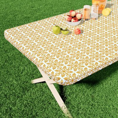 misaya Rectangular Vinyl Tablecloth with Elastic Edge, Gold, 30 x 48 in, for Folding Tables