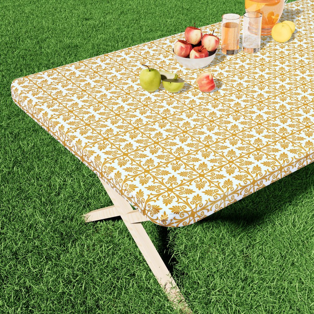 misaya Rectangular Vinyl Tablecloth with Elastic Edge, Gold, 30 x 48 in, for Folding Tables