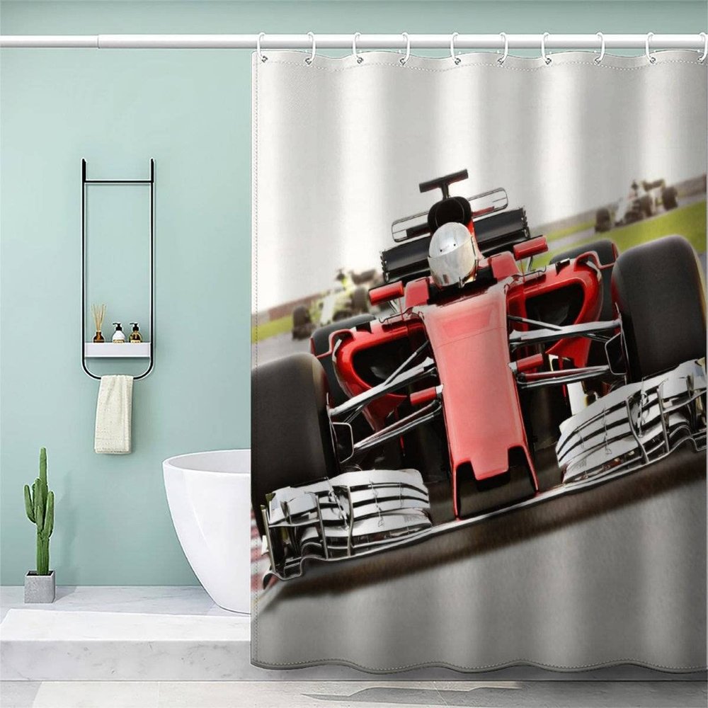 AKATIE Race Car Shower Curtain 180 x 200 cm, Cool Teen Car Design, Anti-Mold, Antibacterial, 3D Waterproof Fabric Curtain with 12 Hooks