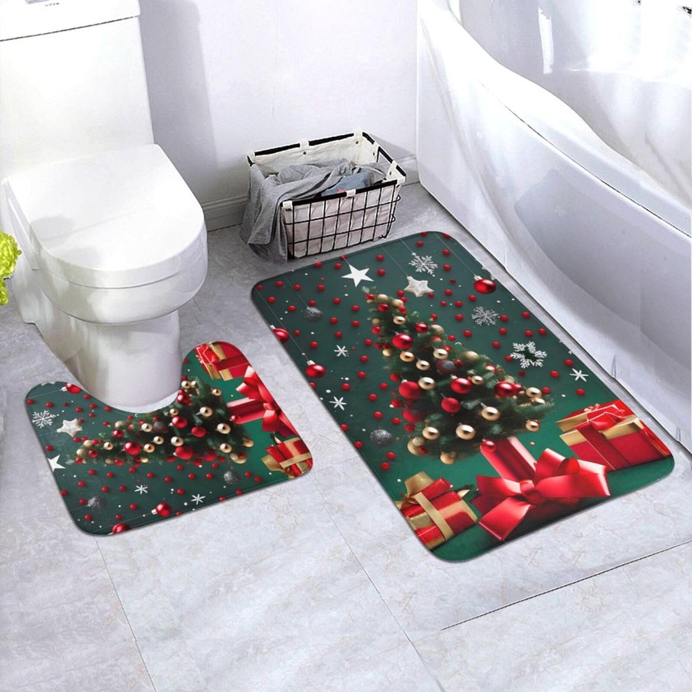 AthuAh Round Ball Christmas Tree Bathroom Rug Set, 2 Pieces