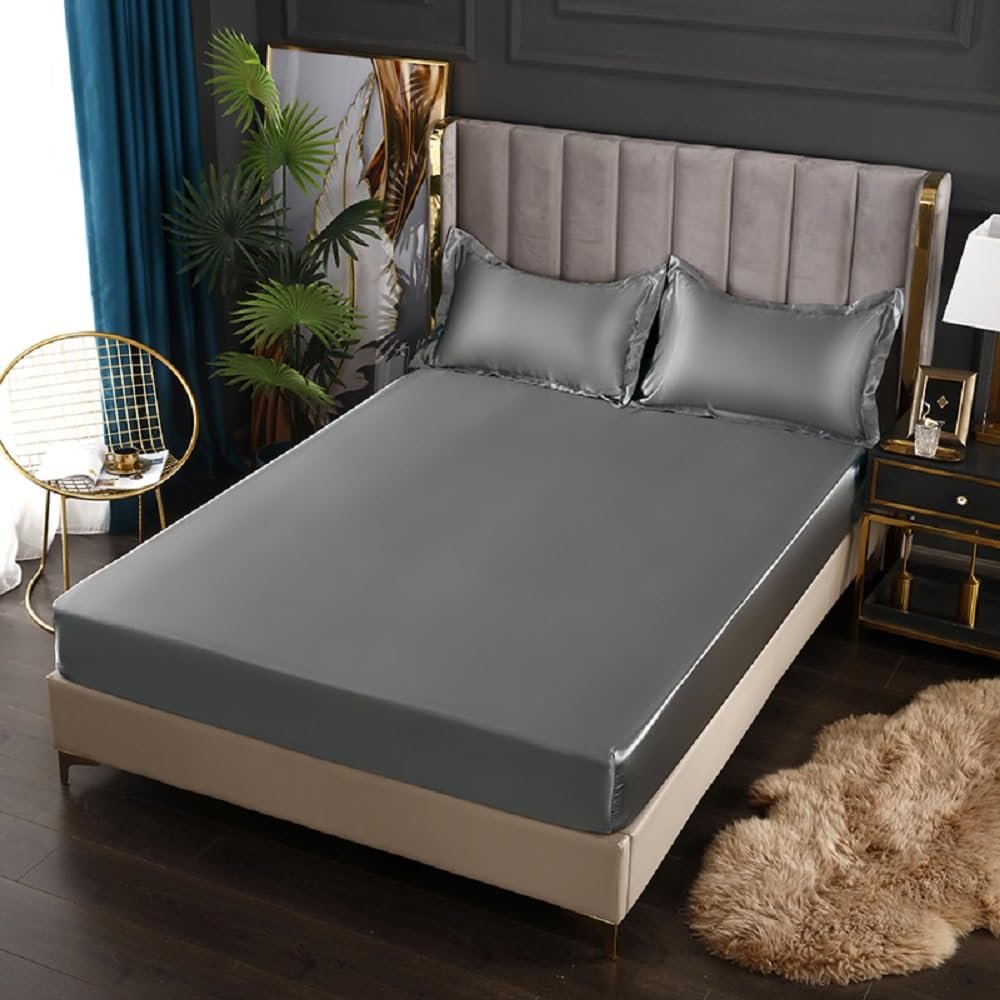 SASIGAYA Silver Gray Satin Fitted Sheet, 180 x 200 cm, for Mattresses up to 25 cm