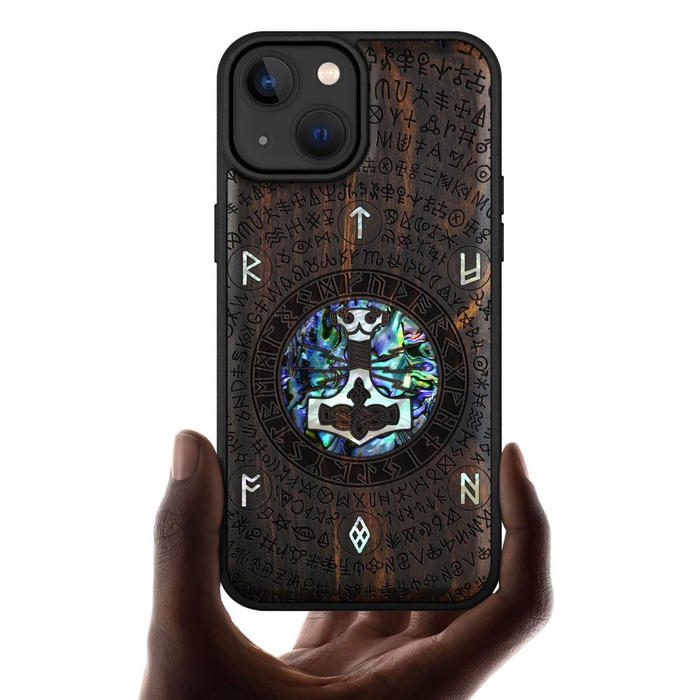 Carveit Phone Case for iPhone 15, Dark Wood, Thor's Hammer