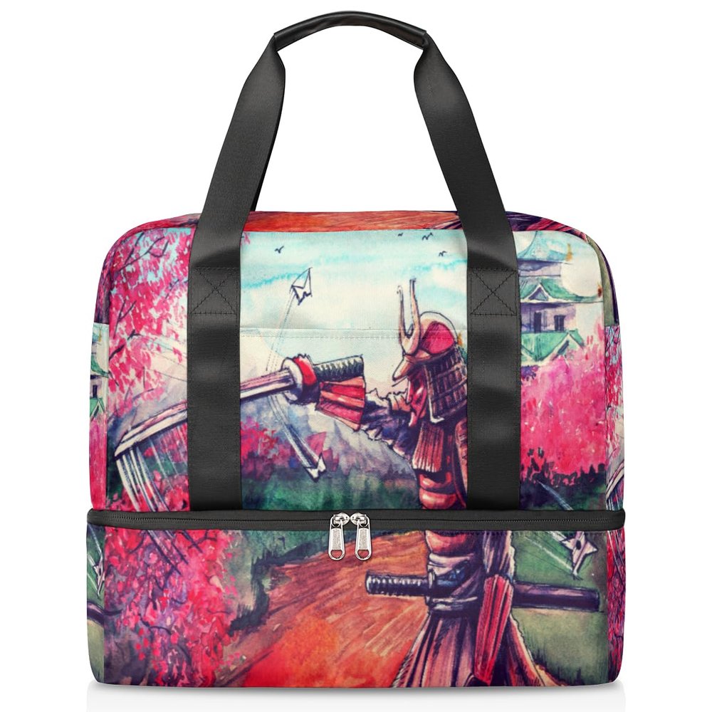 Japanese Samurai Painting Sports Duffle Bag, 21L Travel Gym Yoga Tote with Wet/Dry Separation