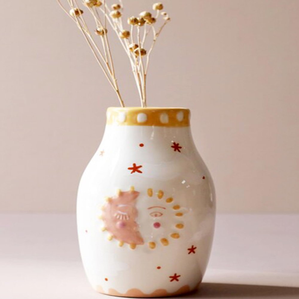 MOUGIGI Unique Ceramic Vase, Cute Boho Decor, Small Cream Vase for Dried Flowers or Single Buds, Sun and Moon Face Design
