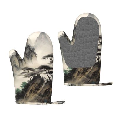 Oven Mitts with Chinese Landscape Print, Heat-Resistant, Nonslip, 1 Pair
