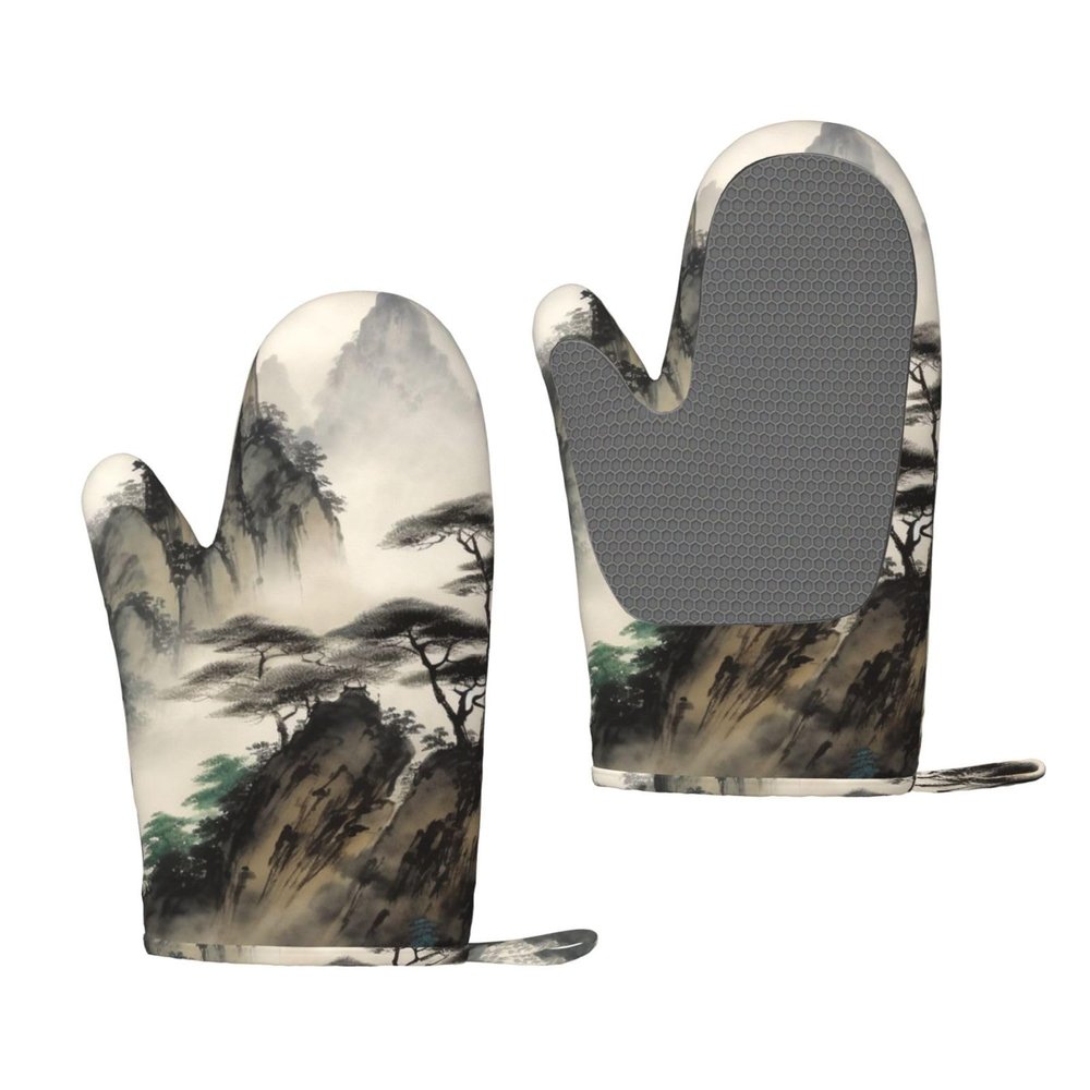 Oven Mitts with Chinese Landscape Print, Heat-Resistant, Nonslip, 1 Pair