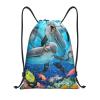 Personalized Ocean Dolphin Print Drawstring Backpack, Black, M view 1