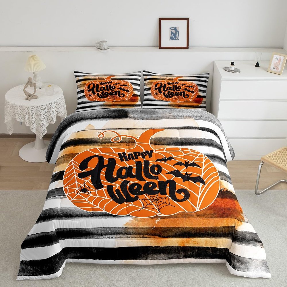 Halloween Pumpkin Comforter Set 155 x 220 cm, Gothic Skull, Bat and Spider Design