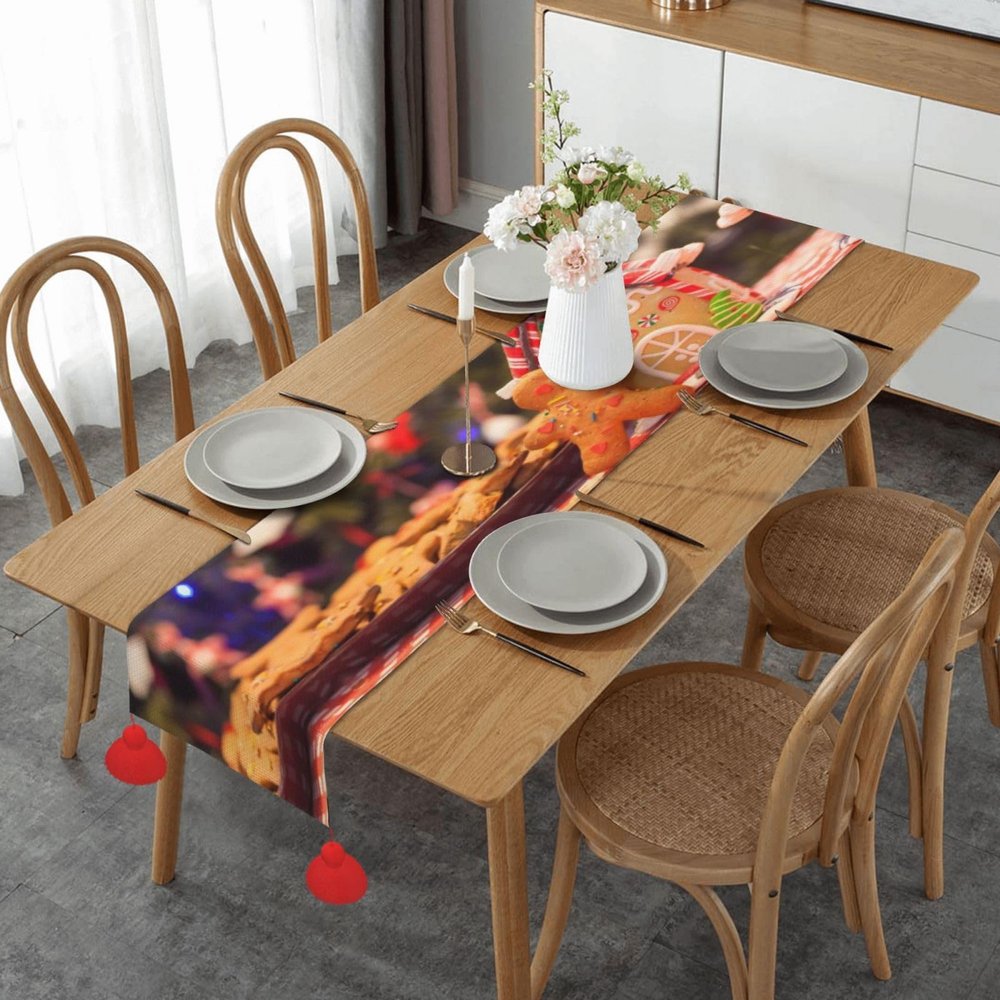 Gingerbread Man Candy 60-Inch Table Runner with Tassels, Cotton-Linen Blend