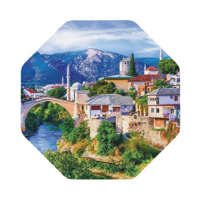 Old Europe Bridge Print Drink Coasters, 4-Piece PU Leather Set