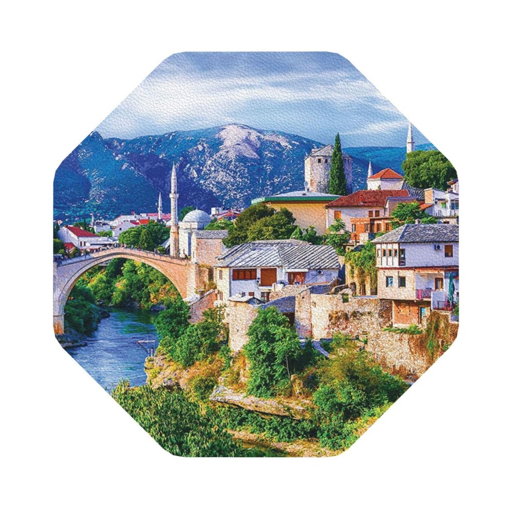 Old Europe Bridge Print Drink Coasters, 4-Piece PU Leather Set