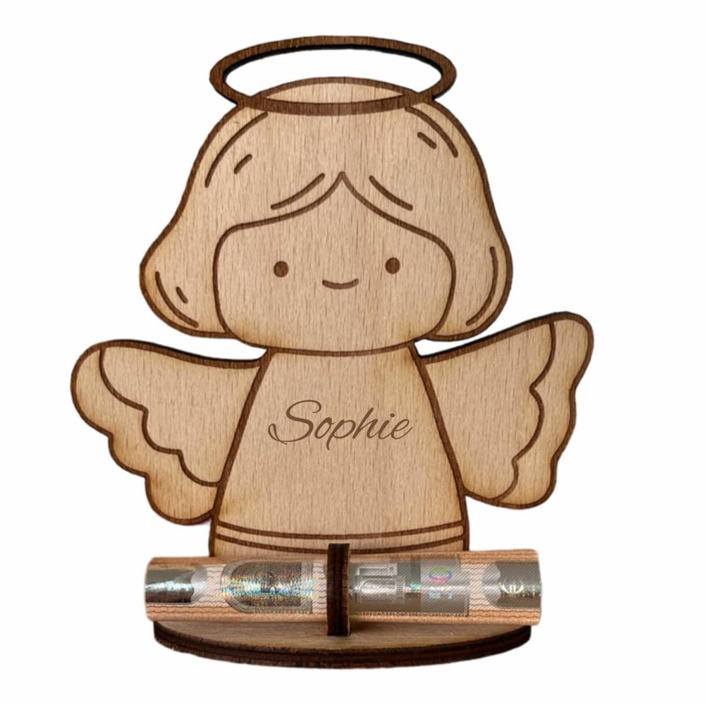 minimutz Wooden Christmas Money Gift – Personalized DIY Cash Holder with Name (Angel)
