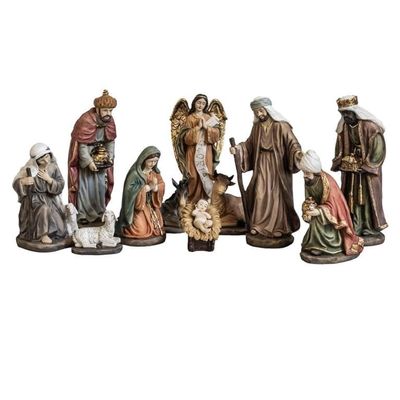DRW Classic Nativity Scene, 11 Pieces, with Kings, Angel, Shepherd and Animals, Hand-Painted Resin, 25 cm Tall