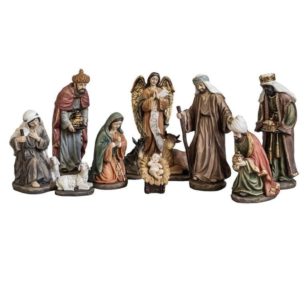 DRW Classic Nativity Scene, 11 Pieces, with Kings, Angel, Shepherd and Animals, Hand-Painted Resin, 25 cm Tall
