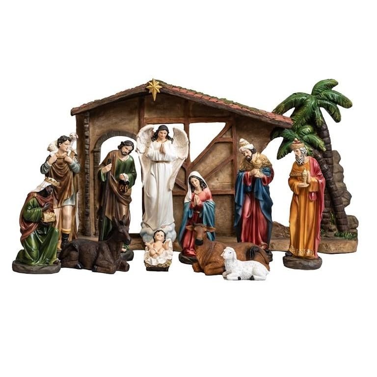DRW Nativity Scene, 11 Pieces, Classic Set and Stable with Kings, Angel, Shepherd and Animals, Resin, Hand-Painted, 24 cm High, Alto