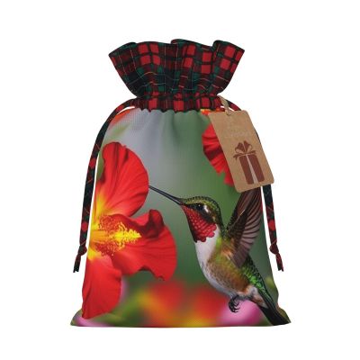 Hummingbird Red Hibiscus Christmas Drawstring Gift Bags