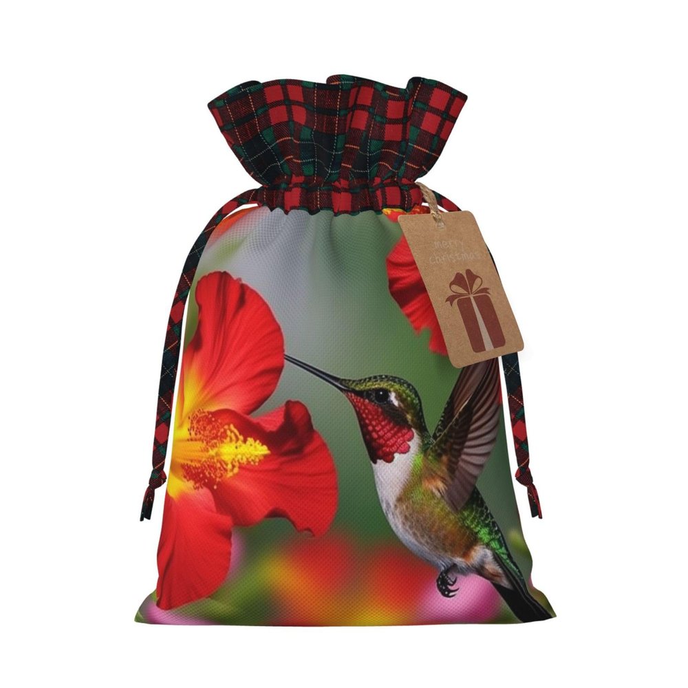 Hummingbird Red Hibiscus Christmas Drawstring Gift Bags