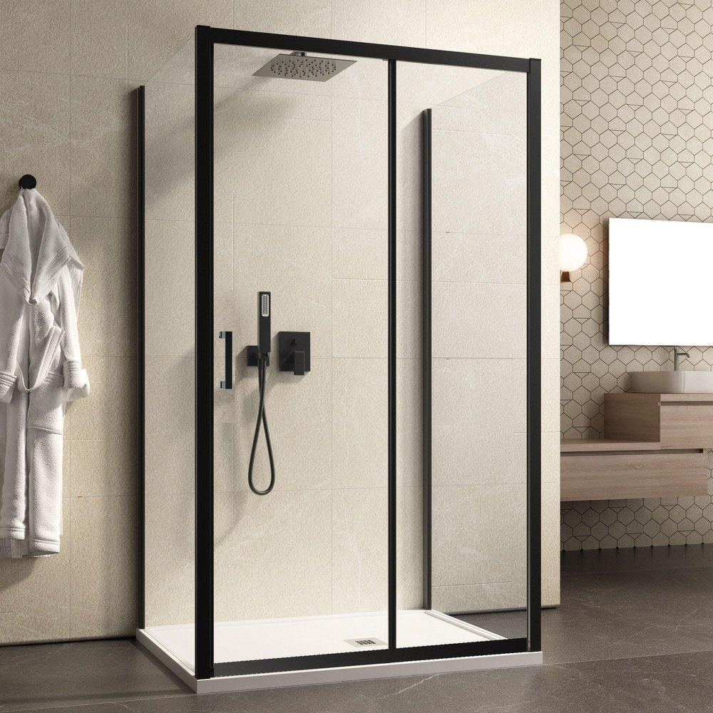 AGATA Three-Sided Shower Enclosure, Black Profiles, Sliding Door, H195, 6 mm, 75x100x75