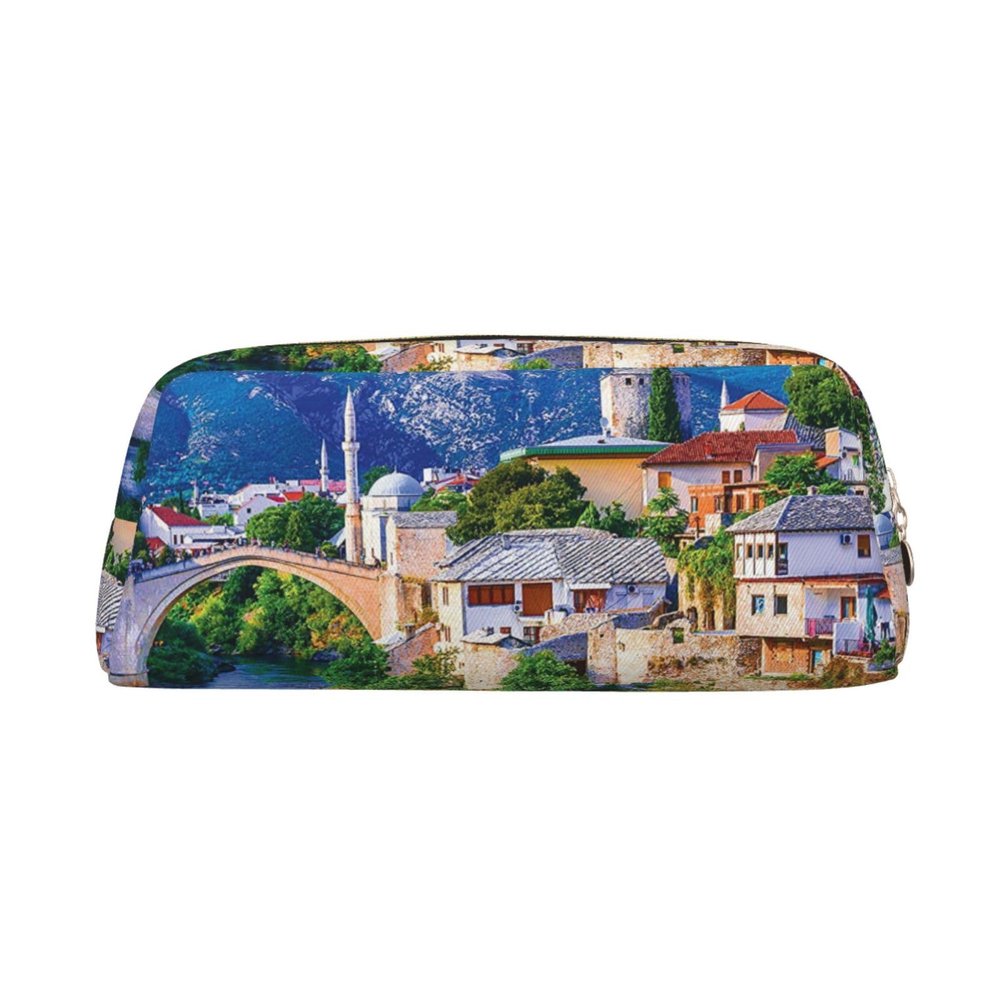 AdaNti Old Europe Bridge Print Pencil Bag, Waterproof Zipper Case, Gold