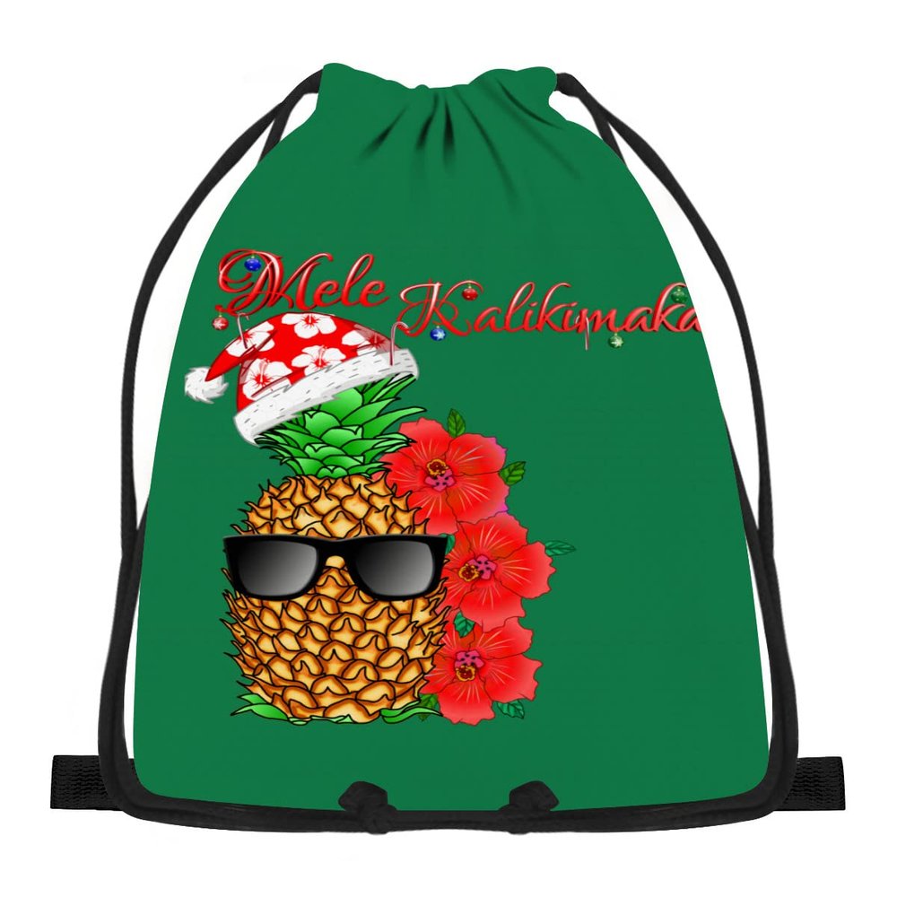 874 Merry Christmas Pineapple Mele Kalikimaka Hawaiian Drawstring Gym Bag, 36 x 42 cm