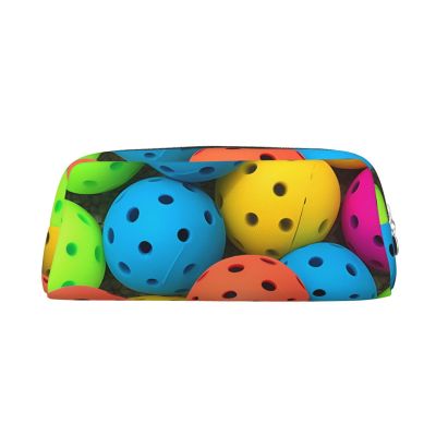 Pickleball Pattern Printed Leather Pencil Case and Travel Makeup Bag, Silver