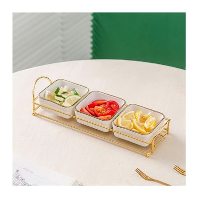 HEXEH Three-Compartment Ceramic Snack and Fruit Plate with Rack, Color E