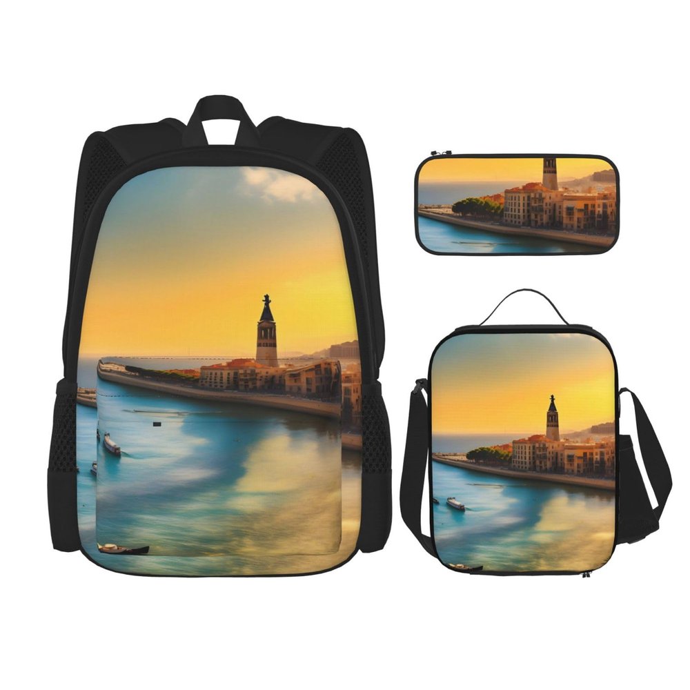 AthuAh Sunset in Barcelona Backpack Set for Girls and Boys with Lunch Bag and Pencil Case, 3-Piece Set, Black, One Size